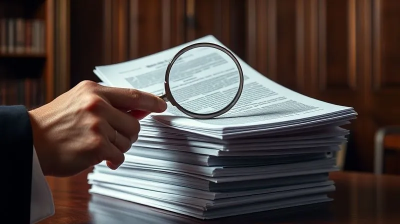 Photorealistic image of a judge's hand reviewing a stack of thick legal appeal documents, with a magnifying glass hovering over complex text. The setting is a classic, wood-paneled law library or chambers. Cinematic lighting, sharp focus on the documents and hand, depth of field blurring the background, 8K hyper-detailed, shot on a high-end DSLR. Professional photography, conveying meticulous legal review and the weight of judicial decisions.