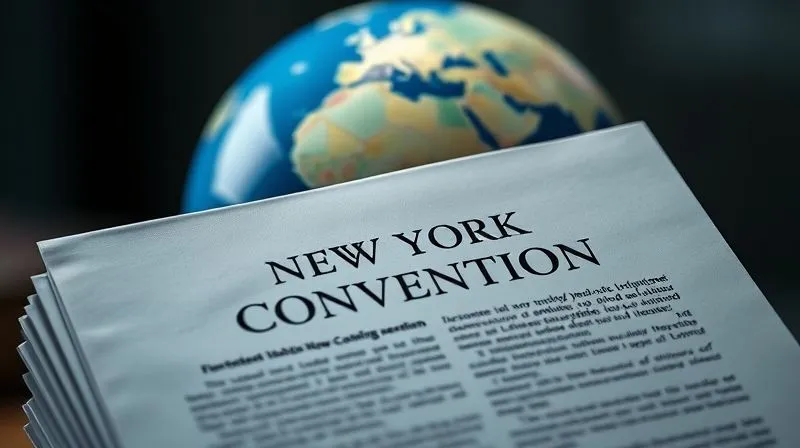 Photorealistic image of a legal document titled 'New York Convention' with a globe in the background, symbolizing international legal reach, 8K, cinematic lighting, sharp focus, depth of field, shot on a high-end DSLR.