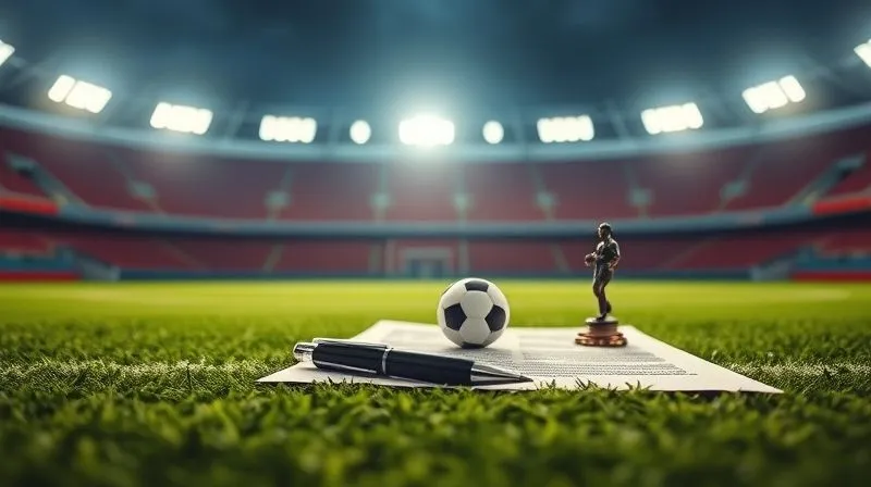 Photorealistic image of a football pitch with a blurred background, in the foreground a focused legal document with a pen and a small football statuette, symbolizing sports law and resolution, 8K, cinematic lighting, sharp focus, depth of field, shot on a high-end DSLR.