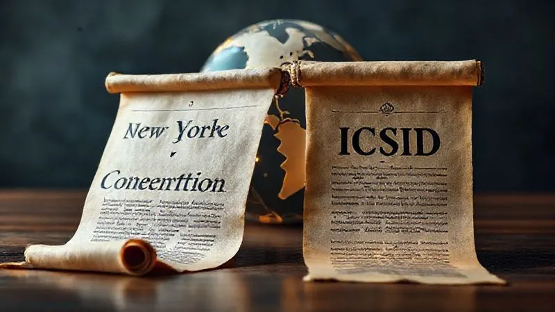 A photorealistic image showing two distinct, ancient legal scrolls unrolling, one titled 'New York Convention' and the other 'ICSID Convention', with glowing lines connecting them to a stylized globe, symbolizing international reach. Cinematic lighting, sharp focus on the scrolls, depth of field blurring the background, 8K hyper-detailed, professional photography.