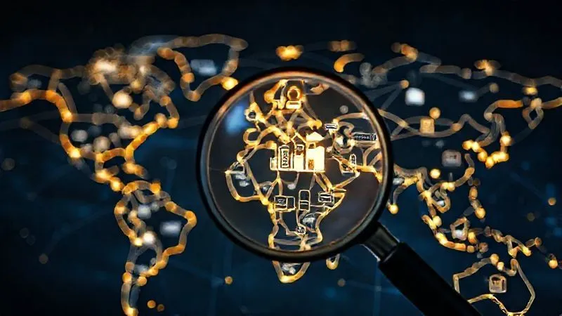 A photorealistic image of a complex web of glowing lines connecting various international financial hubs on a stylized world map, with icons representing different types of assets (bank accounts, ships, buildings). A magnifying glass highlights a specific connection. Cinematic lighting, sharp focus on the web, depth of field blurring the background, 8K hyper-detailed, professional photography.