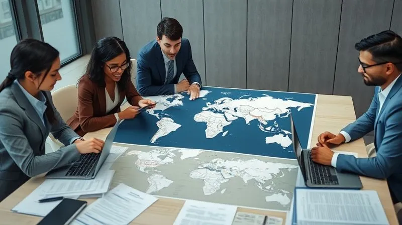 A photorealistic, professional photography, 8K image of a determined legal team, diverse and focused, gathered around a large table covered with legal documents, laptops, and a global map. One team member points to a specific location on the map, while another reviews a complex contract. Cinematic lighting, sharp focus on the team and documents, depth of field blurring the background, shot on a high-end DSLR, conveying strategic planning and collaborative effort in international legal enforcement.