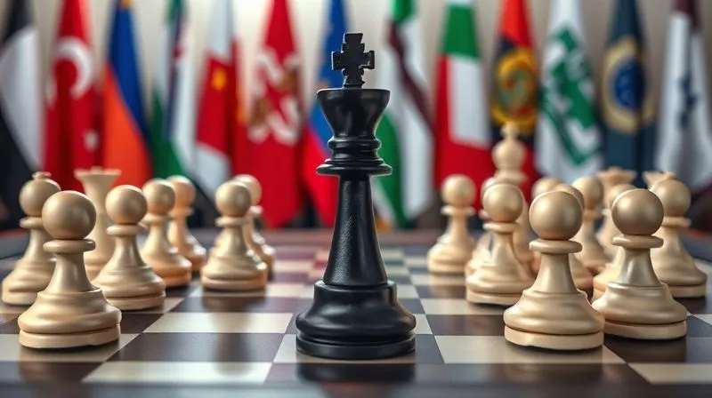 A photorealistic, professional photography, 8K image of a classical chess board, with a single black king piece surrounded by numerous white pieces, symbolizing a state-owned entity facing multiple enforcement actions. In the background, subtly blurred, are diplomatic flags from various nations. Cinematic lighting, sharp focus on the chess board, depth of field blurring the background, shot on a high-end DSLR, conveying a complex, strategic, and diplomatic challenge.