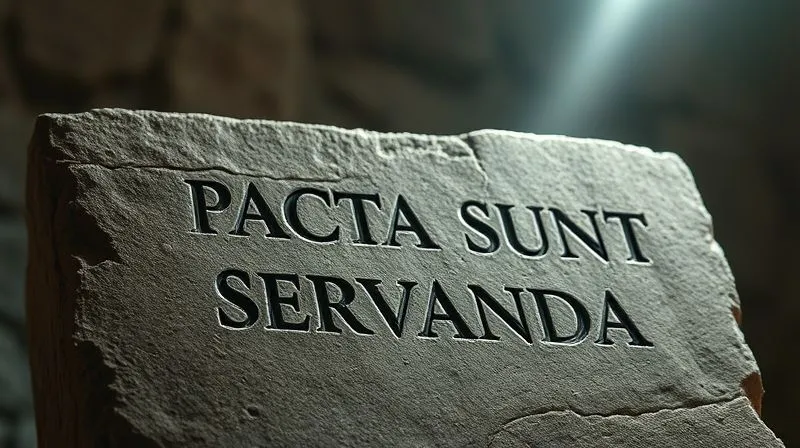 A photorealistic image of an ancient, weathered stone tablet, partially cracked, with the Latin phrase 'Pacta Sunt Servanda' carved into it. A single, strong beam of cinematic light illuminates the text, while the background is subtly blurred, suggesting a vast, complex legal landscape. Sharp focus on the tablet, depth of field, 8K hyper-detailed, professional photography, shot on a high-end DSLR, conveying timeless legal principles.