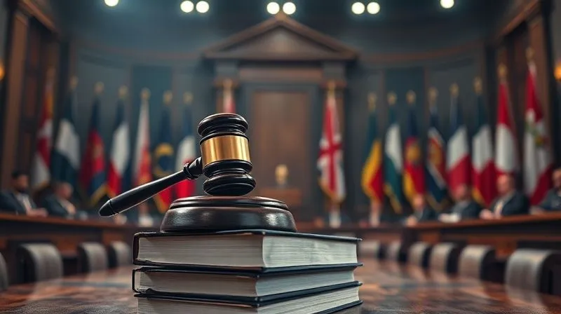 A photorealistic image of a gavel resting on a stack of weighty legal texts, illuminated by a spotlight in a dimly lit, grand international courtroom. The background features blurred figures of judges and flags. Cinematic lighting, sharp focus on the gavel and texts, depth of field, 8K hyper-detailed, professional photography, shot on a high-end DSLR, conveying the solemnity and authority of international justice.