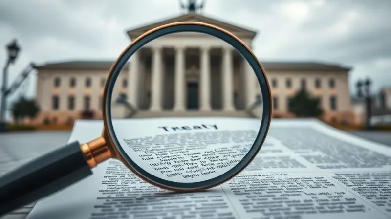 A photorealistic image of a complex legal document, possibly a treaty, with a magnifying glass hovering over a section, highlighting intricate legal text. In the background, a blurred national courthouse building. Cinematic lighting, sharp focus on the document and magnifying glass, depth of field, 8K hyper-detailed, professional photography, shot on a high-end DSLR, conveying meticulous legal scrutiny and the interplay of national and international law.
