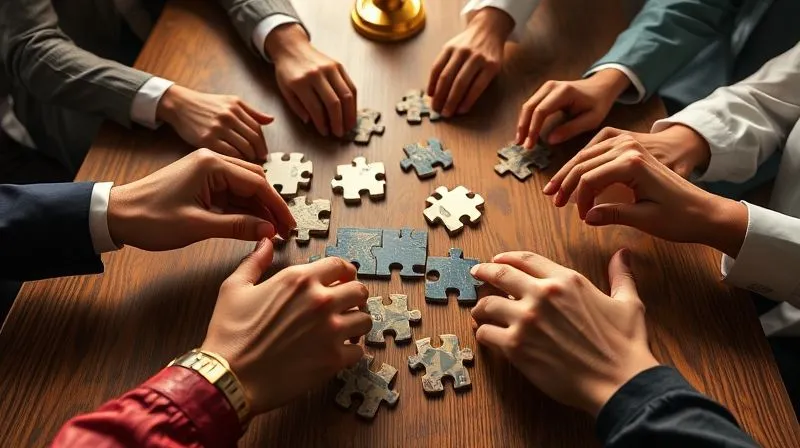 A photorealistic image of diverse hands, representing different nations, collaboratively assembling pieces of a complex legal puzzle on a grand table. The pieces feature symbols of international law and diplomacy. Cinematic lighting, sharp focus on the hands and puzzle, depth of field, 8K hyper-detailed, professional photography, shot on a high-end DSLR, conveying cooperation and strategic problem-solving in international relations.