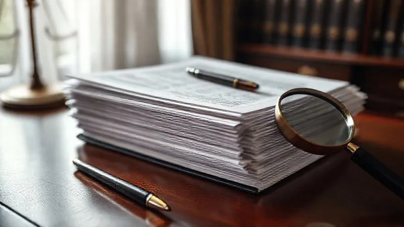 photorealistic, professional photography, 8K, cinematic lighting, sharp focus, depth of field, shot on a high-end DSLR, a stack of meticulously organized legal documents and folders on a mahogany desk, with a pen and a magnifying glass, emphasizing the importance of detailed record-keeping in legal matters, conveying diligence and precision