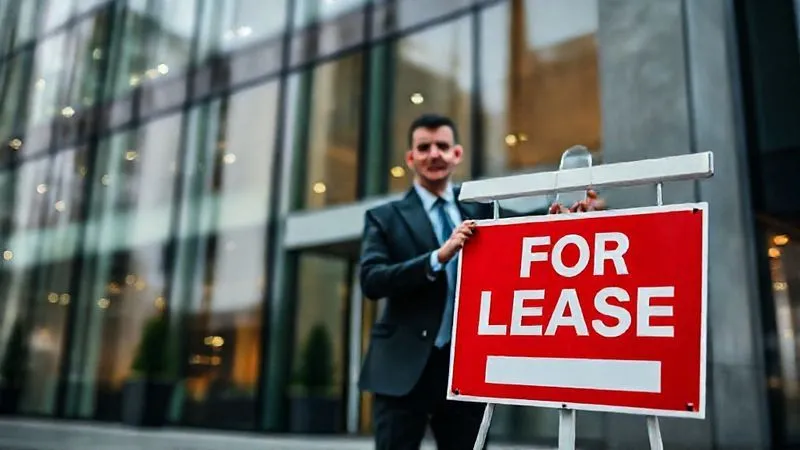 photorealistic, professional photography, 8K, cinematic lighting, sharp focus, depth of field, shot on a high-end DSLR, a real estate agent placing a 'For Lease' sign in front of a modern commercial building, with a sense of urgency and professionalism, reflecting active mitigation efforts in a competitive market