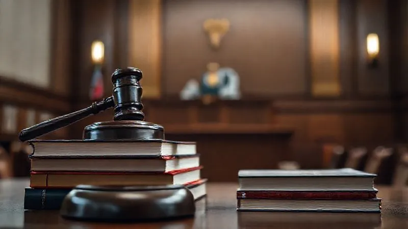 photorealistic, professional photography, 8K, cinematic lighting, sharp focus, depth of field, shot on a high-end DSLR, a gavel resting on a stack of legal books in a modern, well-lit courtroom, with a blurred judge's bench in the background, symbolizing the formal legal process and the weight of judicial decisions