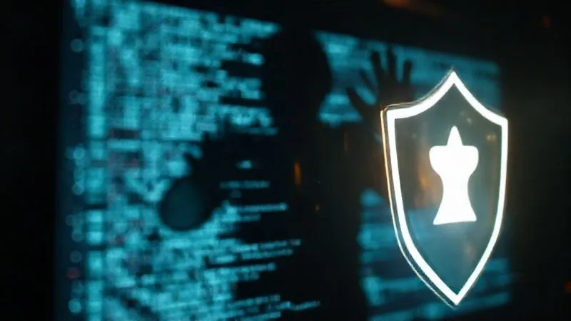 A digital shield made of light, protecting intricate lines of software code on a glowing screen, with a blurred, shadowy figure in the background attempting to reach for it. The overall mood is vigilant and protective. photorealistic, professional photography, 8K, cinematic lighting, sharp focus, depth of field, shot on a high-end DSLR.