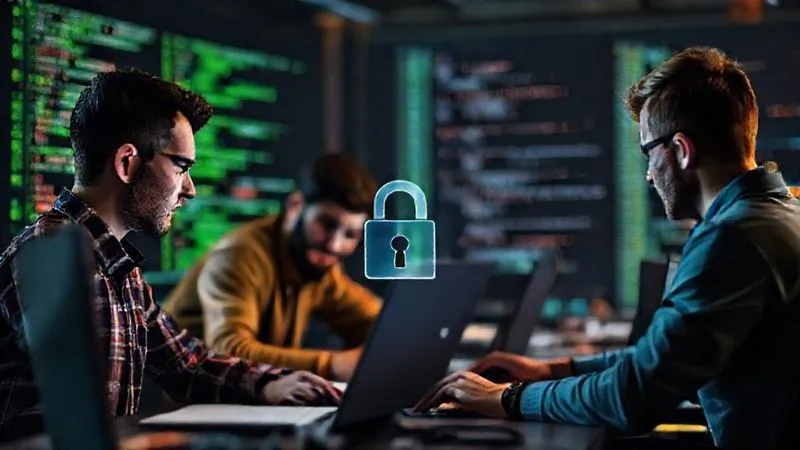 A team of software developers working collaboratively on a complex codebase, with a digital padlock icon subtly integrated into the background, representing internal security and IP protection. photorealistic, professional photography, 8K, cinematic lighting, sharp focus, depth of field, shot on a high-end DSLR.