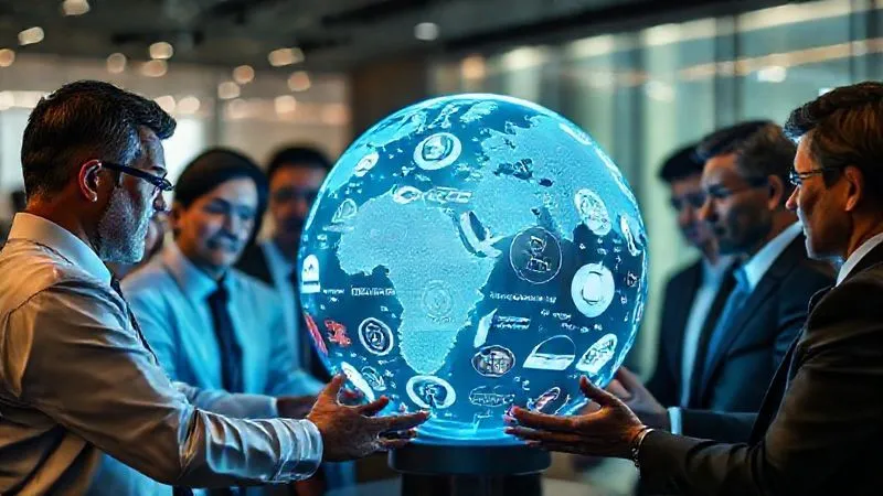 A photorealistic image of a diverse group of global legal professionals collaborating around a holographic globe, with various corporate logos and organizational symbols illuminated on the globe, representing different types of non-state actors. Cinematic lighting, sharp focus on the interactive display, depth of field blurring the background, 8K hyper-detailed, shot on a high-end DSLR.