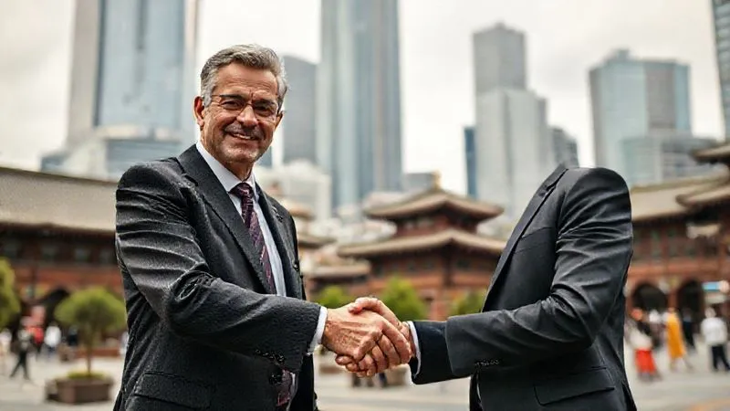 A photorealistic, professional photography image of a seasoned lawyer, with a determined yet empathetic expression, shaking hands with a local counterpart in a bustling, culturally rich international city square. The background shows a blend of traditional architecture and modern skyscrapers, symbolizing successful cross-cultural legal navigation and collaboration. Cinematic lighting, sharp focus on the handshake, depth of field blurring the background, 8K hyper-detailed, shot on a high-end DSLR.