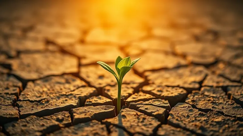 A photorealistic, professional photography image of a single, vibrant green shoot pushing through cracked, dry earth towards a warm, bright light. The light symbolizes hope and justice, while the cracked earth represents defiance and challenges. Cinematic lighting, sharp focus on the resilient shoot, depth of field blurring the background, 8K hyper-detailed, shot on a high-end DSLR, conveying a sense of enduring hope and progress.