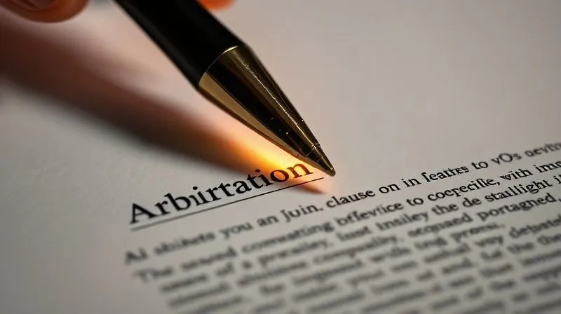 A photorealistic, professional photography, 8K, cinematic lighting, sharp focus, depth of field, shot on a high-end DSLR of a close-up on a legal document, perhaps an arbitration clause, with a pen poised over a signature line, light emphasizing critical contractual language, conveying precision and foresight in legal drafting.
