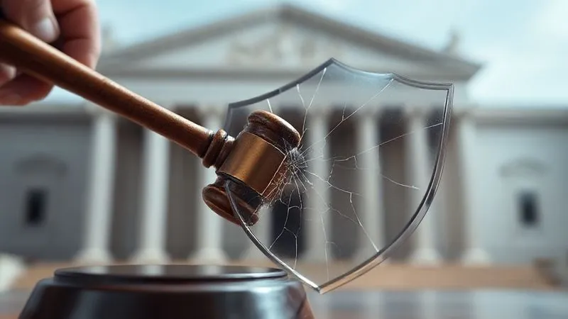 A photorealistic image of a traditional legal gavel chipping away at a translucent, metallic shield, with cracks spreading across its surface. The background shows a blurred, dignified courthouse, cinematic lighting, sharp focus on the gavel and shield, depth of field blurring the background, 8K hyper-detailed.