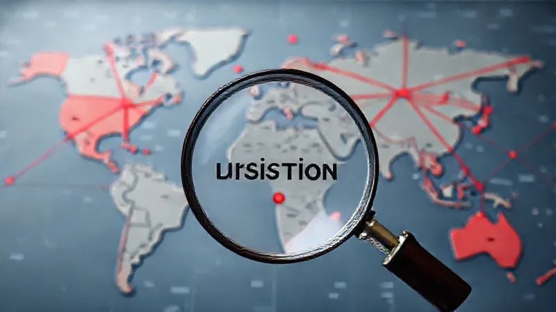 A photorealistic image depicting a global map with interconnected red lines converging on a single point, symbolizing universal jurisdiction. A magnifying glass hovers over the point, highlighting legal text. Professional photography, 8K, cinematic lighting, sharp focus, depth of field, shot on a high-end DSLR.