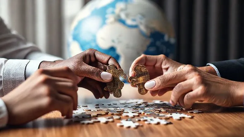 A photorealistic image of diverse hands, representing different nationalities and backgrounds, collaboratively piecing together a complex legal puzzle on a table. The background is a softly blurred globe, symbolizing global cooperation and justice. Cinematic lighting, sharp focus, depth of field, 8K hyper-detailed.