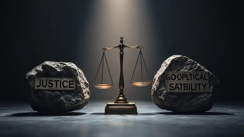 A photorealistic image of a fragile, antique scale perfectly balanced between two heavy, rough stones labeled 'Justice' and 'Geopolitical Stability'. The scale is illuminated by a single, focused beam of light in a dimly lit, solemn setting. Professional photography, 8K, cinematic lighting, sharp focus, depth of field, shot on a high-end DSLR.