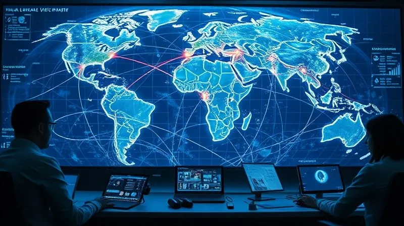 photorealistic, professional photography, 8K, cinematic lighting, sharp focus, depth of field, shot on a high-end DSLR, a holographic projection of the Earth's oceans, overlaid with real-time data streams, glowing lines representing shipping lanes and satellite tracks, digital icons indicating naval assets and potential threats, a diverse team of analysts in a high-tech control room observing the data, conveying global vigilance.
