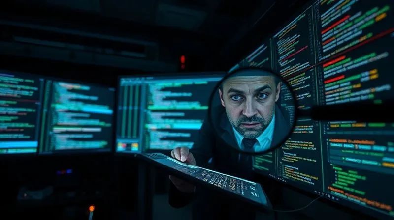 photorealistic, professional photography, 8K, cinematic lighting, sharp focus, depth of field, shot on a high-end DSLR, a digital forensics expert analyzing glowing lines of code and data on multiple screens in a dark, high-tech lab, representing the intricate process of tracing digital footprints, a magnifying glass over a tablet, a sense of meticulous investigation and hidden clues.