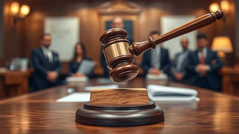 photorealistic, professional photography, 8K, cinematic lighting, sharp focus, depth of field, shot on a high-end DSLR, a judge's gavel striking a wooden block on a courtroom bench, with blurred legal documents and a serious legal team in the background, symbolizing a swift legal injunction and the gravity of judicial action, dramatic lighting highlighting the gavel.