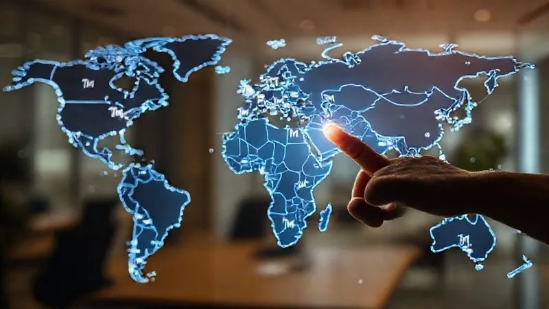 A photorealistic, professional photography, 8K, cinematic lighting, sharp focus, depth of field, shot on a high-end DSLR, of a detailed world map with glowing lines connecting key global cities, overlaid with multiple 'TM' symbols indicating strategic trademark registration points. The map should appear as a sophisticated digital projection, with a hand (ethnic ambiguity) subtly pointing to an emerging market region. The background is a modern, clean office environment.
