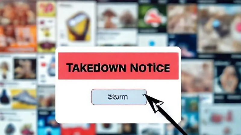 A photorealistic, professional photography, 8K, cinematic lighting, sharp focus, depth of field, shot on a high-end DSLR, of a digital interface displaying a 'Takedown Notice' pop-up with a clear 'Submit' button. The background shows blurred images of various e-commerce product listings and social media feeds, representing the vast online landscape. A focused cursor hovers over the submit button, symbolizing decisive action.