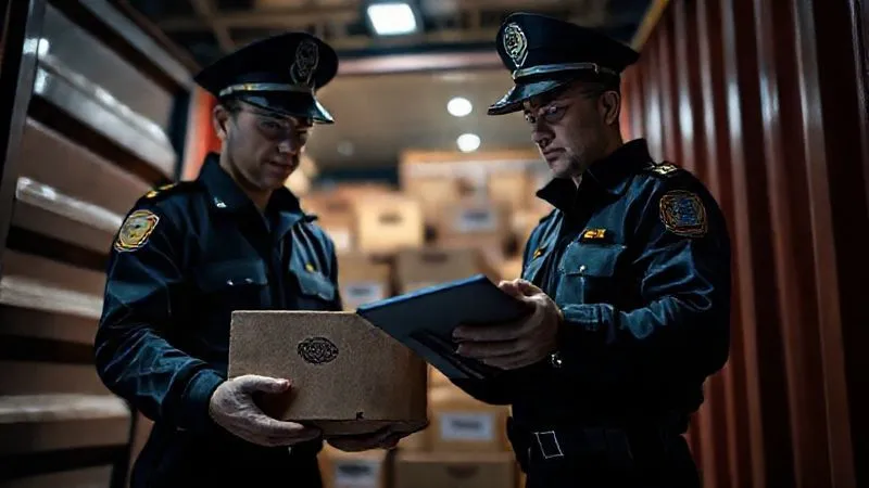 A photorealistic, professional photography, 8K, cinematic lighting, sharp focus, depth of field, shot on a high-end DSLR, of customs officers in uniform examining a shipping container's contents, with a focus on branded boxes being carefully inspected. A digital tablet shows a manifest or trademark registration details. The scene should convey vigilance and security at an international port or cargo facility, with dramatic, low-key lighting.