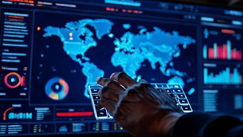 A photorealistic, professional photography, 8K, cinematic lighting, sharp focus, depth of field, shot on a high-end DSLR, of a sophisticated digital dashboard displaying real-time data visualizations of online brand infringements across a global map. The screen shows metrics like 'Takedowns Initiated,' 'Infringement Hotspots,' and 'Brand Mentions,' with complex graphs and charts. A hand (ethnic ambiguity) interacting with a holographic keyboard, symbolizing data analysis and strategic response.