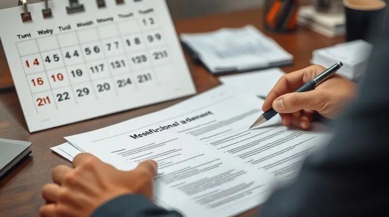 Photorealistic image of a person meticulously organizing legal documents related to child custody and visitation, with a calendar marked with important dates in the background. Professional photography, 8K, cinematic lighting, sharp focus on the documents, depth of field blurring the background, shot on a high-end DSLR.