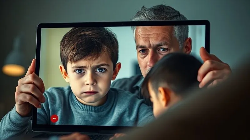 Photorealistic image of a frustrated parent on a video call with their child, who looks sad, while the parent tries to maintain a calm but determined expression, symbolizing the challenges of enforcing visitation in difficult co-parenting situations. Professional photography, 8K, cinematic lighting, sharp focus on the faces, depth of field blurring the background, shot on a high-end DSLR.