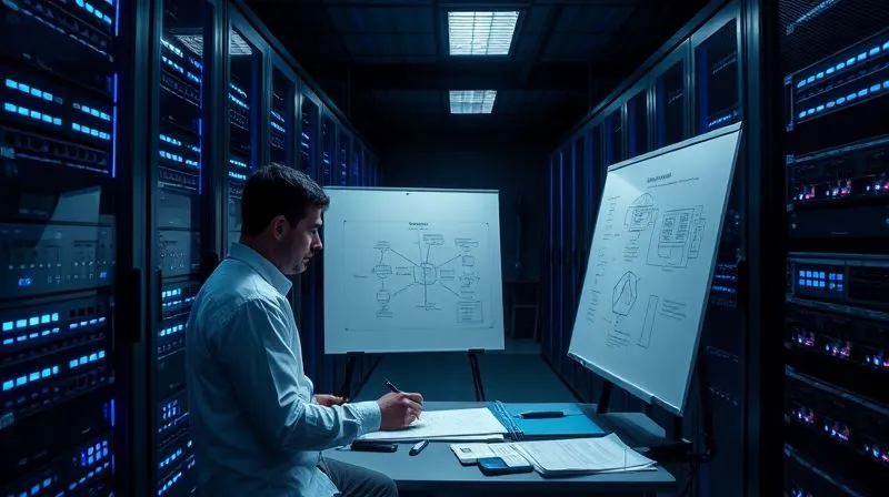 A photorealistic, professional photography, 8K, cinematic lighting, sharp focus, depth of field, shot on a high-end DSLR. A well-organized server room at night, with glowing blue lights from racks of servers, and a single forensic analyst meticulously documenting a network diagram on a whiteboard, surrounded by various digital forensic tools and policy documents. The scene conveys readiness and preparedness.
