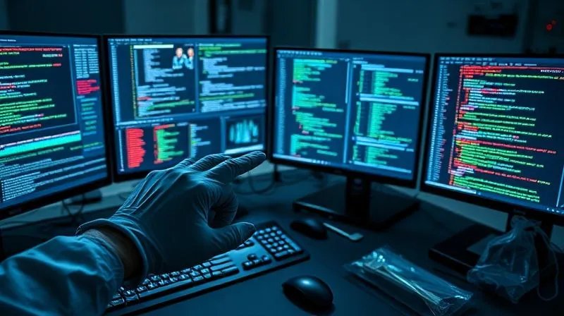 A photorealistic, professional photography, 8K, cinematic lighting, sharp focus, depth of field, shot on a high-end DSLR. A digital forensics lab table with multiple monitors displaying complex data visualizations, network graphs, and lines of code. A gloved hand points to a specific anomaly on one screen, surrounded by forensic hardware tools and secure evidence bags. The atmosphere is intense and focused, highlighting intricate analysis.