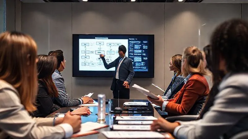 A photorealistic image of a diverse group of professionals in a modern, well-lit conference room, engaged in a training session on impartial investigation techniques. One person is pointing to a complex flowchart on a screen, while others are taking notes. Cinematic lighting, sharp focus on the participants, depth of field blurring the background, 8K hyper-detailed, professional photography.