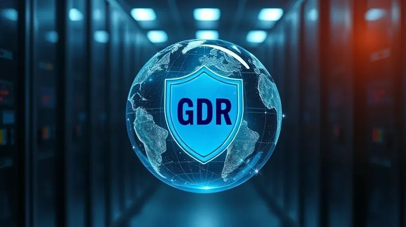 A photorealistic, professional photography, 8K, cinematic lighting, sharp focus, depth of field, shot on a high-end DSLR image of a secure, transparent data globe with glowing lines representing data streams flowing in and out, protected by a digital shield. A subtle GDPR logo is integrated into the shield. The background shows a dimly lit, high-tech data center.