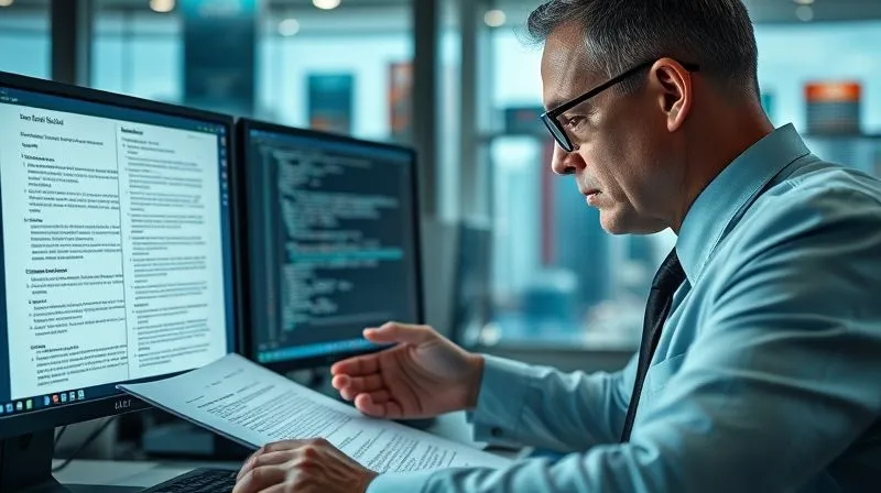 A photorealistic, professional photography, 8K, cinematic lighting, sharp focus, depth of field, shot on a high-end DSLR image of a legal professional meticulously analyzing complex legal documents and digital data on multiple screens, with a magnifying glass focused on a specific clause. The background features blurred international cityscapes, emphasizing the global context of legal review.