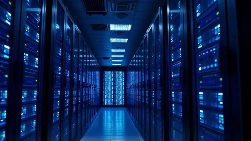 A photorealistic, professional photography, 8K, cinematic lighting, sharp focus, depth of field, shot on a high-end DSLR image of a highly secure server room, with rows of blinking servers emitting soft blue light. Digital security locks and biometric scanners are visible on doors, representing layers of technical and organizational measures protecting sensitive data. The scene conveys robust, cutting-edge data security.