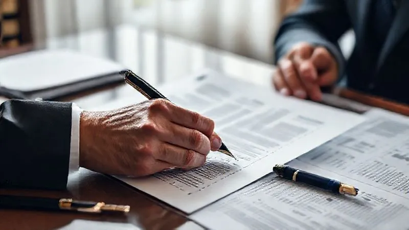 A photorealistic image of two hands meticulously drafting a complex legal document with a fountain pen, surrounded by neatly organized financial statements and legal texts. The lighting is focused and professional, highlighting the precision and seriousness of the task. The background is a softly blurred, elegant law office. Photorealistic, professional photography, 8K, cinematic lighting, sharp focus, depth of field, shot on a high-end DSLR
