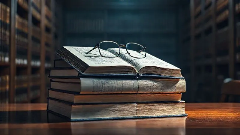 A photorealistic, professional image of a stack of weighty legal tomes and case law reports, open to highlighted pages, resting on a polished wooden desk in a dimly lit, traditional law library. A pair of reading glasses rests atop one book, and a subtle beam of cinematic light illuminates the text. The atmosphere suggests deep legal research and the weight of precedent. Photorealistic, professional photography, 8K, cinematic lighting, sharp focus, depth of field, shot on a high-end DSLR
