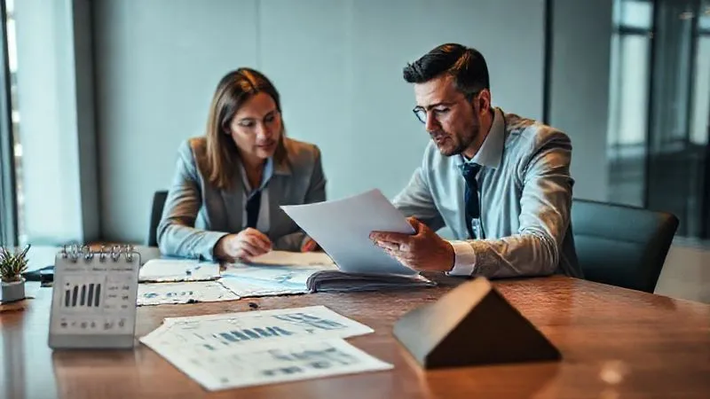 A photorealistic, professional image of a couple reviewing documents at a large, modern desk, with a financial advisor or attorney guiding them. The atmosphere is one of thoughtful planning and collaboration. On the table are various legal documents, a tablet displaying charts, and a calendar with future dates marked. Cinematic lighting highlights the faces, conveying seriousness and foresight. Photorealistic, professional photography, 8K, cinematic lighting, sharp focus, depth of field, shot on a high-end DSLR