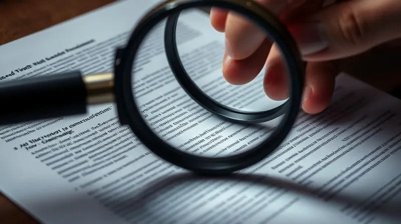 A photorealistic image of a legal document being meticulously reviewed under a magnifying glass, with subtle highlights on key paragraphs. Professional photography, 8K, cinematic lighting, sharp focus, depth of field, shot on a high-end DSLR.
