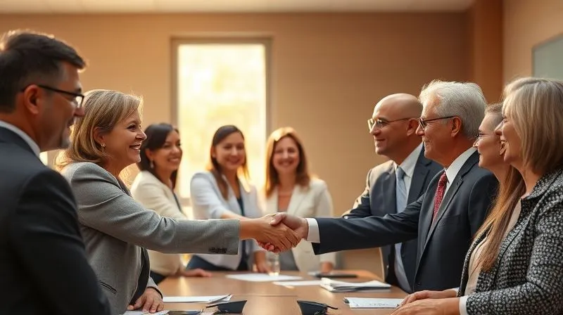 A photorealistic image of a diverse group of school board members and community leaders shaking hands after a successful, transparent meeting, bathed in warm, optimistic light. Professional photography, 8K, cinematic lighting, sharp focus, depth of field, shot on a high-end DSLR.