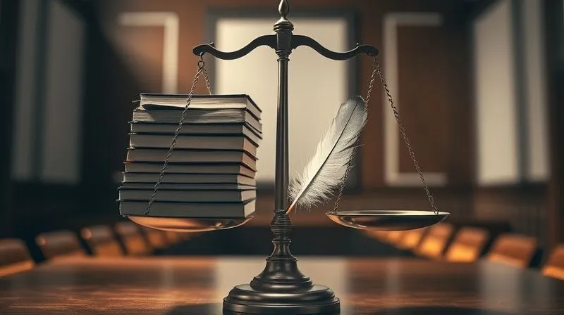 A photorealistic image of a legal scale, perfectly balanced, with one side holding a stack of detailed evidence and legal texts, and the other side holding a single, fragile feather representing an individual's hope for safety. The background is a courtroom, subtly blurred, with dramatic shadows. 8K, cinematic lighting, sharp focus on the scale, depth of field, shot on a high-end DSLR, professional photography.