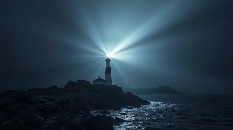 A photorealistic image of a beacon of light shining brightly from a lighthouse on a rocky shore, cutting through a misty, dark sky, symbolizing hope and guidance in a challenging journey. The focus is on the powerful beam, with the sea and sky blurred in the background. 8K, cinematic lighting, sharp focus, depth of field, shot on a high-end DSLR, professional photography.