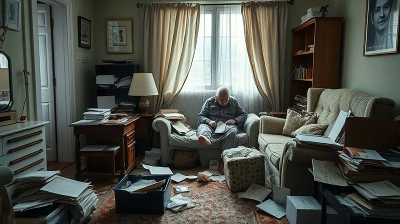 A photorealistic, professional photography, 8K, cinematic lighting, sharp focus, depth of field, shot on a high-end DSLR, depicting an elderly person's home in disarray, with unopened mail, expired food, and general neglect, subtly conveying a sense of urgent need for intervention without being overly dramatic or exploitative.