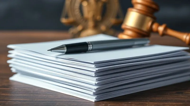 A photorealistic, professional photography, 8K, cinematic lighting, sharp focus, depth of field, shot on a high-end DSLR, showing a stack of legal documents with a pen resting on top, a court seal or gavel subtly in the background, conveying the weight and formality of the legal process.