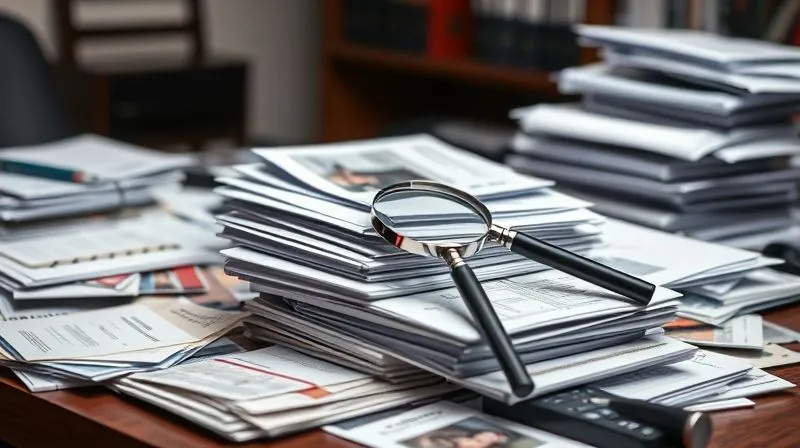 Photorealistic, professional photography, 8K, cinematic lighting, sharp focus on a desk piled with various legal documents, photos, and bills, organized into neat stacks, a magnifying glass resting on one stack, depth of field blurring the background, shot on a high-end DSLR, conveying meticulous evidence gathering.