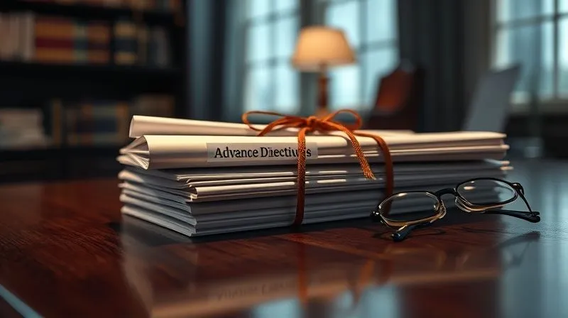 photorealistic, professional photography, 8K, cinematic lighting, sharp focus, depth of field, shot on a high-end DSLR. A stack of legal documents tied with a ribbon, labeled 'Advance Directives', resting on a polished wooden desk next to a pair of reading glasses. The background shows a dimly lit, comforting study, symbolizing preparedness and peace of mind.